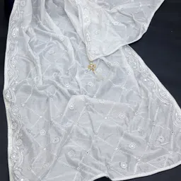 fab window Cotton Blend Embroidered White Women Dupatta image 1