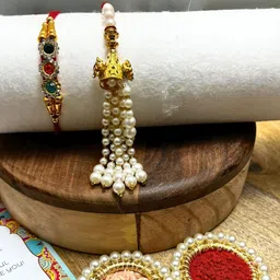 the india style Bhaiya Bhabhi Veera Chamak & Pink Lumba Chuda Rakhi For Bhabhi ( Multicolor) 2 Mauli Thread, Kundan Rakhi, Chawal Roli Pack, Greeting Card Set image 3