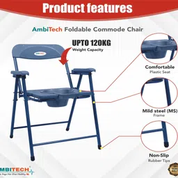 ambitech Premium MS Foldable & Convenient Toilet Alternative with Arm and Foot Rest Commode Chair image 2