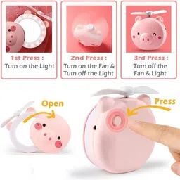 azacus Cartoon Cute Piggy Mini Cosmetic Mirror Compact Portable Pocket Makeup Mirrors Cooling Fan Light Handheld USB Rechargeable image 3