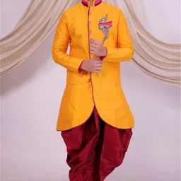 Pooja Ethnic Pooja Ethnic Men's Yellow Silk Indo Western with Dhoti PE9069 Solid Sherwani image 3