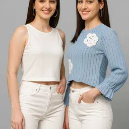 jileba international Casual Regular Sleeves Self Design, Embellished, Solid Women Black, White Top image 3