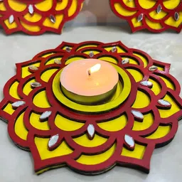 HandCrafted Decorative Mandala Tealight Candle Holder with Mirror Accents Wooden 2 - Cup Tealight Holder Set-image-43