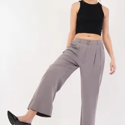 high-buy Women Loose Fit Grey Cotton Blend Trousers image 2
