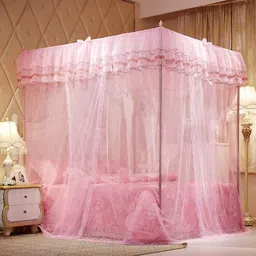 kanahiya traders Pink 59"W*78"L*82"*H, 4 Corners Post Canopy Bed Curtain for Girls Boys & Adults, Princess Bedroom Decoration, Royal Luxurious Cozy Drape Netting, Cute Princess Bedroom Decoration Polyester Washable Adults Mosquito Net image 2