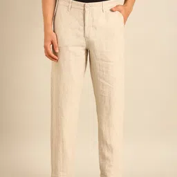 linen club Men Slim Fit Beige Linen Blend Trousers-picture-43
