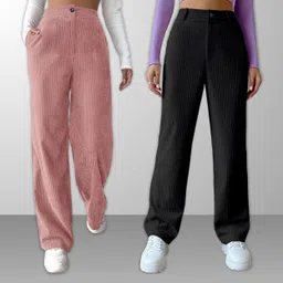 gibbonte Pack of 2 Women Loose Fit Pink, Black Lycra Blend Trousers-picture-15