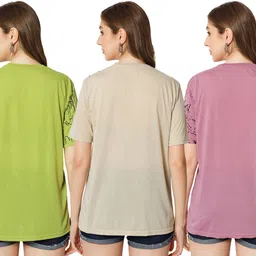 shaun Pack of 3 Women Self Design Round Neck Polyester Multicolor T-Shirt-picture-30