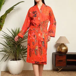 ravaiyaa - attitude is everything Orange Floral Free Size Bath Robe-picture-25