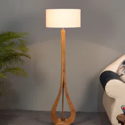 sapphire White Cloth Shade Club Floor Lamp With Mango wood Base image 1