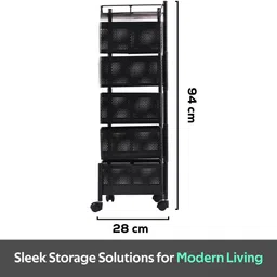 kuber industries 5-Layer Revolving Multipurpose Storage Rack with Wheels | Black Iron Kitchen Trolley image 3