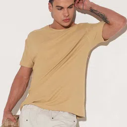 showoffff Men Solid Round Neck Cotton Blend Beige T-Shirt-picture-11