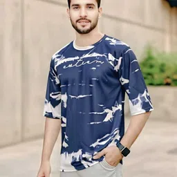 aifashion Men Printed, Abstract, Tie & Dye Round Neck Viscose Rayon Navy Blue T-Shirt image 1
