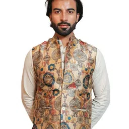 vastraa fusion Men's Digital Print Nehru Jacket In Silk Ethnic Festive Modi Waistcoat Look image 1