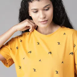 roadster Women Printed Round Neck Pure Cotton Yellow T-Shirt image 2