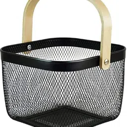 birud Metal Mesh Basket, Multipurpose Storage Basket With Bamboo Handle For Kitchen Iron, Bamboo Fruit & Vegetable Basket image 1