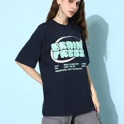 roadster Women Printed Round Neck Pure Cotton Dark Blue T-Shirt image 3