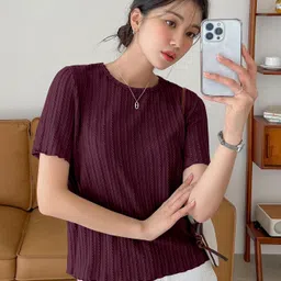 tees hub Casual Regular Sleeves Self Design Women Maroon Top image 3