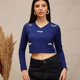 street9 Casual Regular Sleeves Solid Women Blue Top image 3