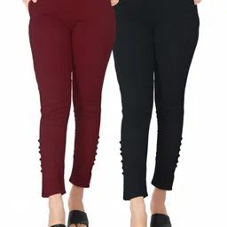 deepa Pack of 2 Women Skinny Fit Black, Maroon Cotton Blend Trousers-picture-21
