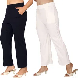 fashion bazaar Pack of 2 Women Regular Fit Dark Blue, White Cotton Blend Trousers image 3