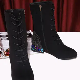 LULU & SKY Women Embellished Block-Heeled Suede Chunky Boots-picture-11