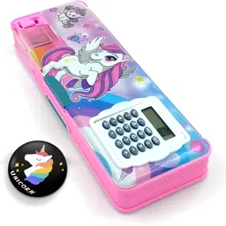 vvn Unicorn Theme Built-in Calculator Vibrant Pink Color With Attractive Badge Trandy Designed Compact and Portable Best Return Gift For Kids Art Plastic Pencil Box-picture-33