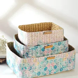 habereindia Multicolor Natural Fibre Set of 3 Organiser Tray and Storage Basket image 1