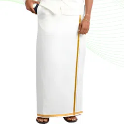 PkFashions Adjustable Pocket White Cotton Dhoti with Exquisite Gold Jari Border Solid Men Dhoti-picture-20