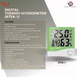 r-tek Digital Hygrometer Thermometer Humidity Meter With Clock LCD Display (RTEK-1) Hydrometer image 5