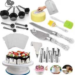 unique impex Easy Rotate Cake Turntable + Cake Smoother + 8-Pc Black Measuring Cups + Silicone Spatula and Brush Set + 4 Pcs Scraper set + 12 Piece Cake Decorating Set with Piping Bag + Stainless Steel Cake Knife and Server Set with Acrylic Handle (All Product Reusable & Washable) Kitchen Tool Set-picture-28