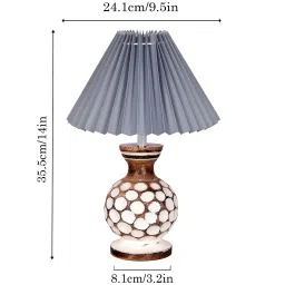 homesake Bedside Lamp with Linen Beige Lampshade, Light Brown Wooden Base, E27, Carved Ball, Pleated Grey image 2