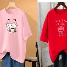 rapturous Pack of 2 Women Printed Round Neck Cotton Blend Pink, Red T-Shirt-picture-20