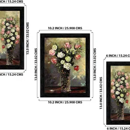 indianara Set of 3 Flowers in Vases Framed Art Painting (1706BK) without glass (6 X 13, 10.2 X 13, 6 X 13 INCH) Digital Reprint 13 inch x 10.2 inch Painting image 2