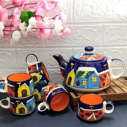 laxmi creation Pack of 7 Ceramic HUT ART HAND PRINTED KETTLE AND CUP 1 KETTLE AND 6 CUP SET image 3