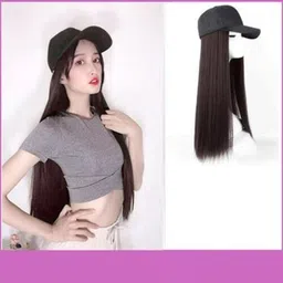 hamsri Black Adjustable Baseball Cap Long Straight Wig For Women & Girl-N Hair Extension image 2