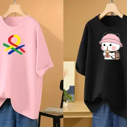 rapturous Pack of 2 Women Printed Round Neck Cotton Blend Pink, Black T-Shirt-picture-38