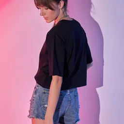 dimpy garments Women Solid Round Neck Pure Cotton Black T-Shirt image 2