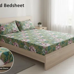 prosseya Cotton Blend Queen Fitted (Elastic) 210 TC Floral Bedsheet-picture-18