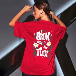 tqh Women Printed, Typography Round Neck Cotton Blend Red T-Shirt image 1