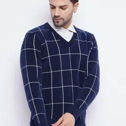 duke Men Checkered V Neck Blue Sweater image 4