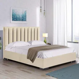 arra Jacklin Velvet Upholstered Queen Size Bed In Beige Color with Hydraulic Storage image 1