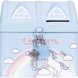 toystic Top selling Unicorn Hut House Shape Metal Piggy Bank with Lock & Keys, Coin Bank image 4