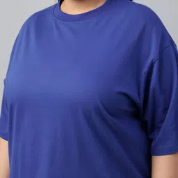 juneberry Plus Size Women Solid Round Neck Pure Cotton Blue T-Shirt image 4