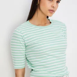 max Women Striped Round Neck Pure Cotton Green T-Shirt-picture-15