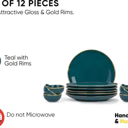 shay Ceramic Dinner Set of 12 | Teal Gold | Goldline | For Dining, Hosting & Gifting Dinner Set image 2
