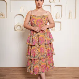 purvaja Women Layered Yellow, Multicolor Midi/Calf Length Dress image 1