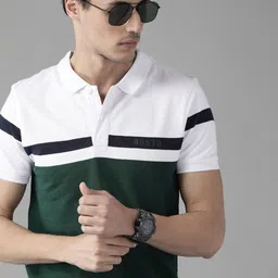 Roadster Men Green & White Pure Cotton Colourblocked Polo Collar T-shirt-picture-53