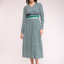 FableStreet Geometric Printed Fit & Flare Midi Dress With Belt-picture-35