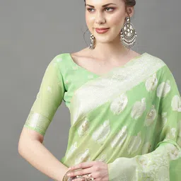 Mitera Women Green & Gold Ethnic Motifs Woven Design Zari Silk Cotton Banarasi Saree-image-2